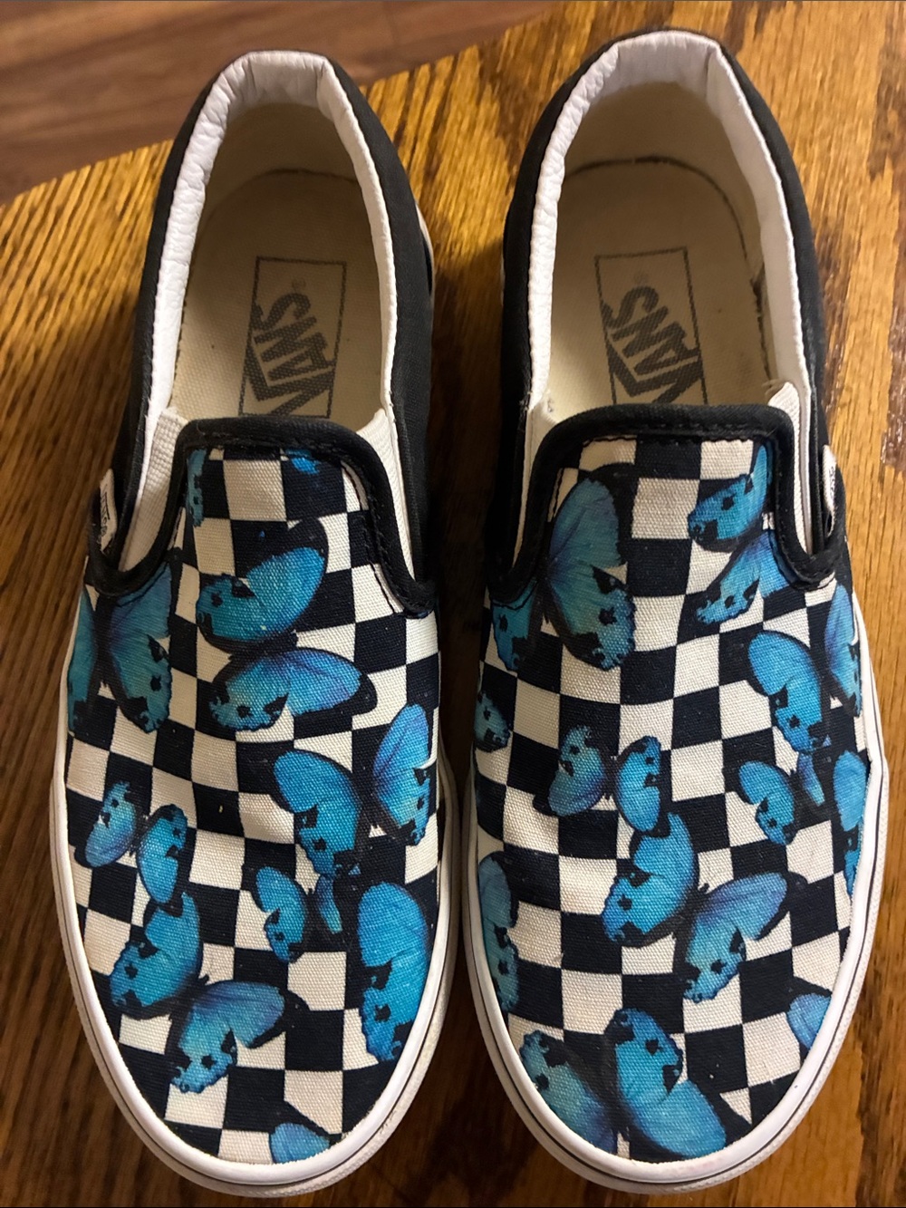 Vans womens/mens Checkerboard Slip-On Sneakers with Blue Butterfly Print